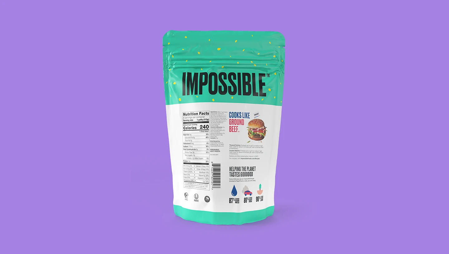 Impossible Burger frozen patties 8 ct available at Costco back of packaging nutrition information