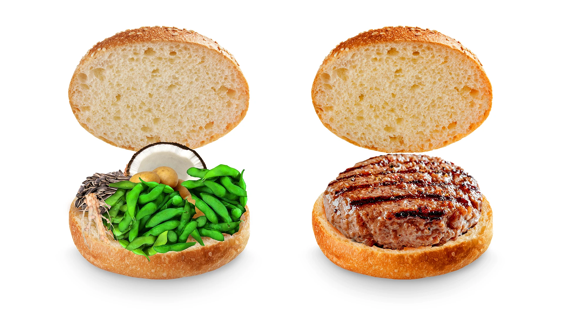 Two opened sandwich buns, one showing the ingredients of Impossible™ Burger, and the other with an Impossible™ Burger cooked.