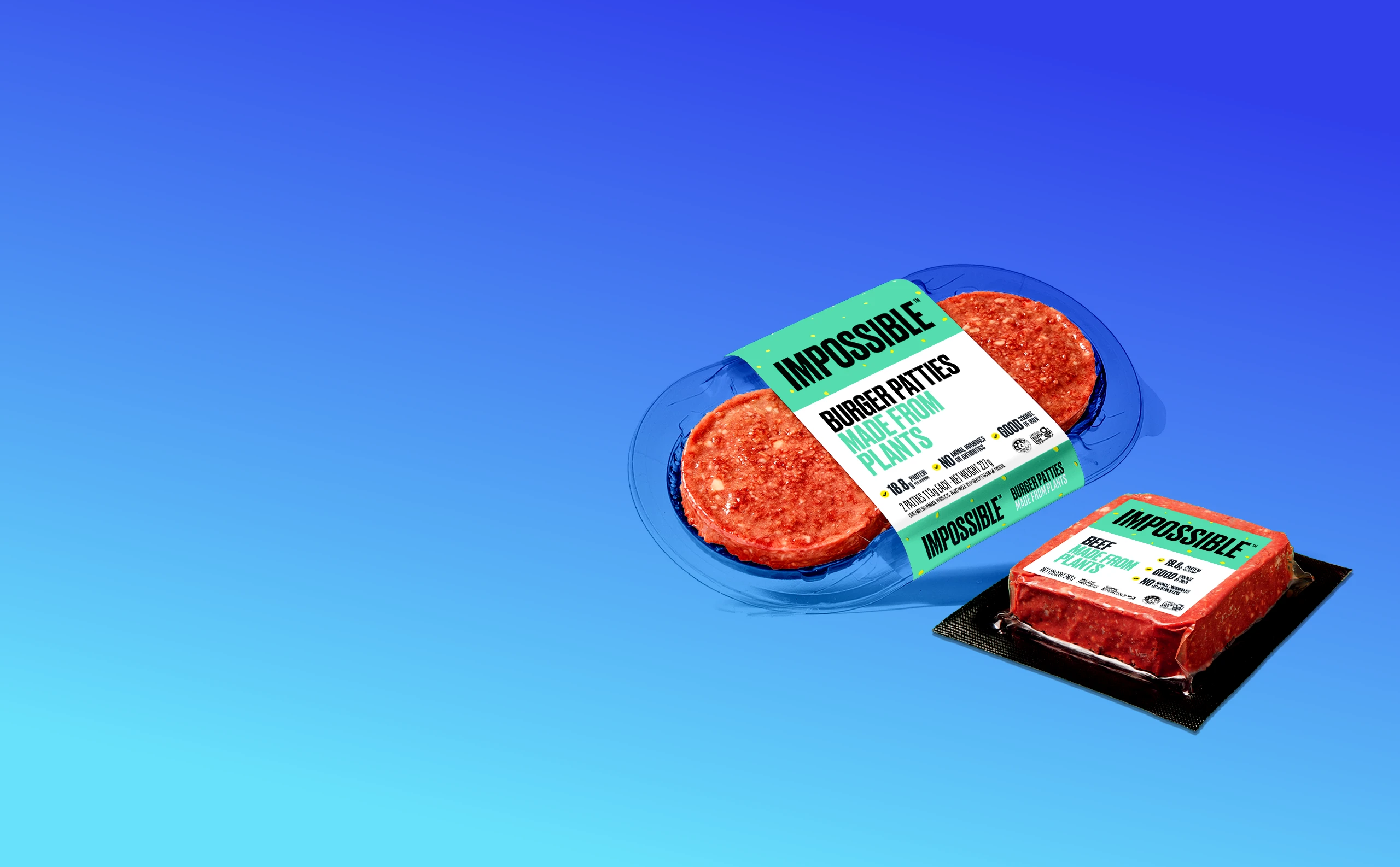 Image of Impossible Burger Patties package and Impossible Beef Made From Plants brick package