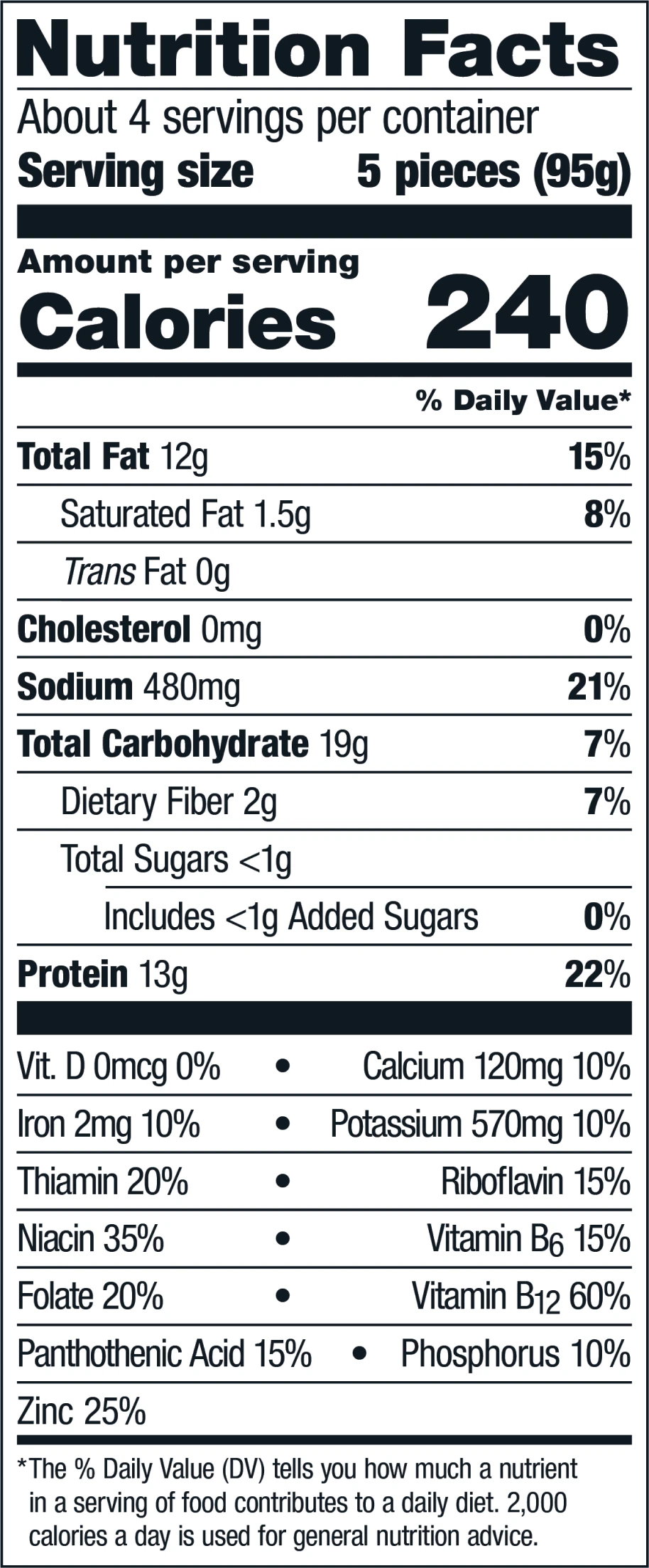 Nutrition Facts panel for Impossible retail chicken nuggets 13.5 oz 