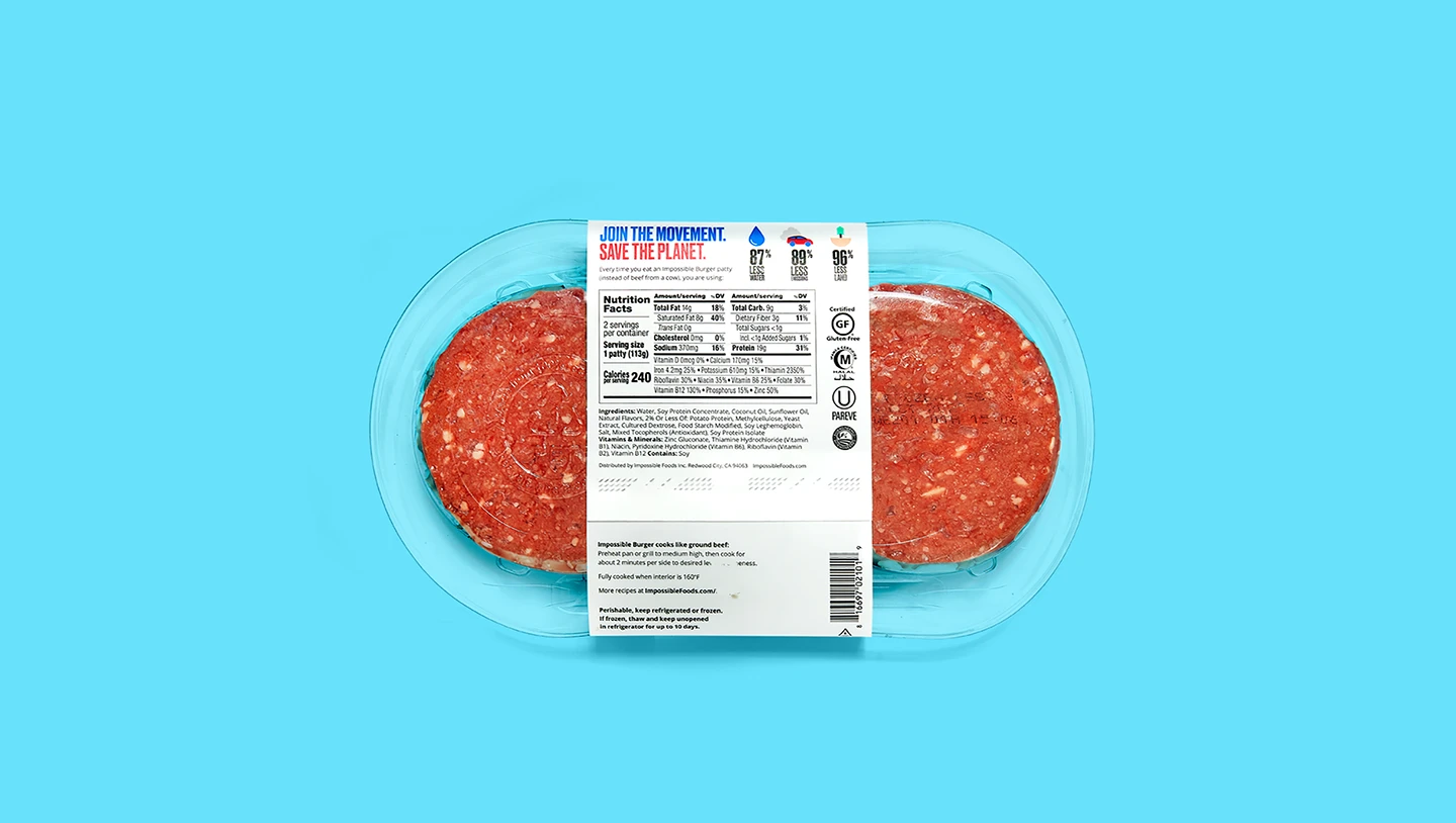 Impossible Burger retail patty 2 pack back of packaging nutrition facts on blue background