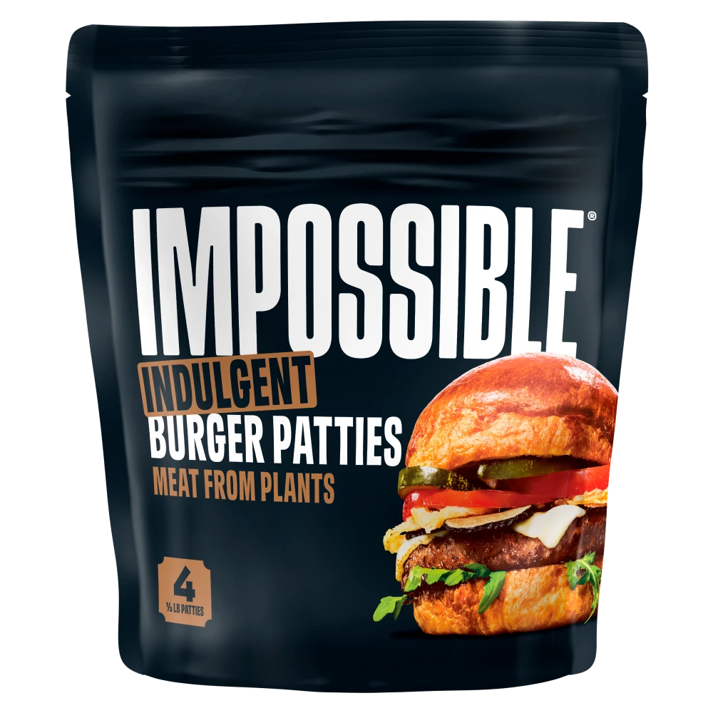 Impossible Indulgent beef patty, frozen, meat from plants packaging