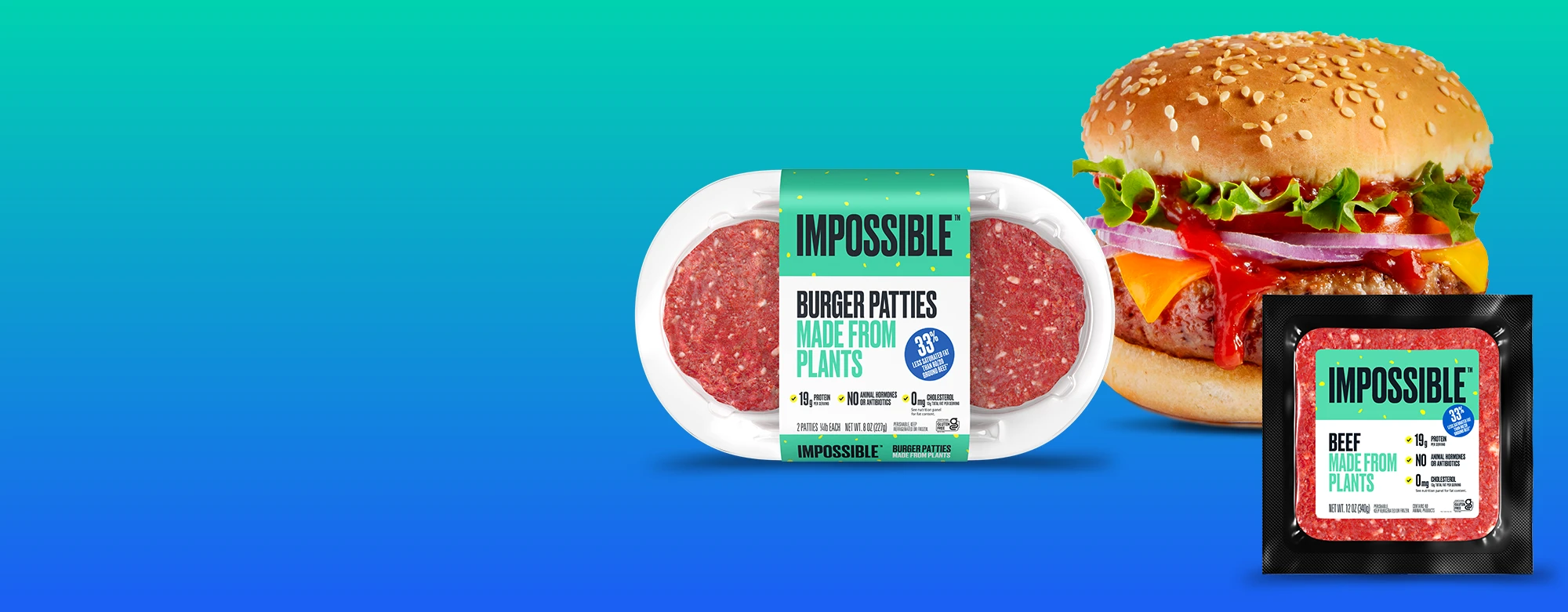 impossible beef 2 pack, impossible beef 12 oz pack and impossible burger with toppings in the the background on a blue and green banner background