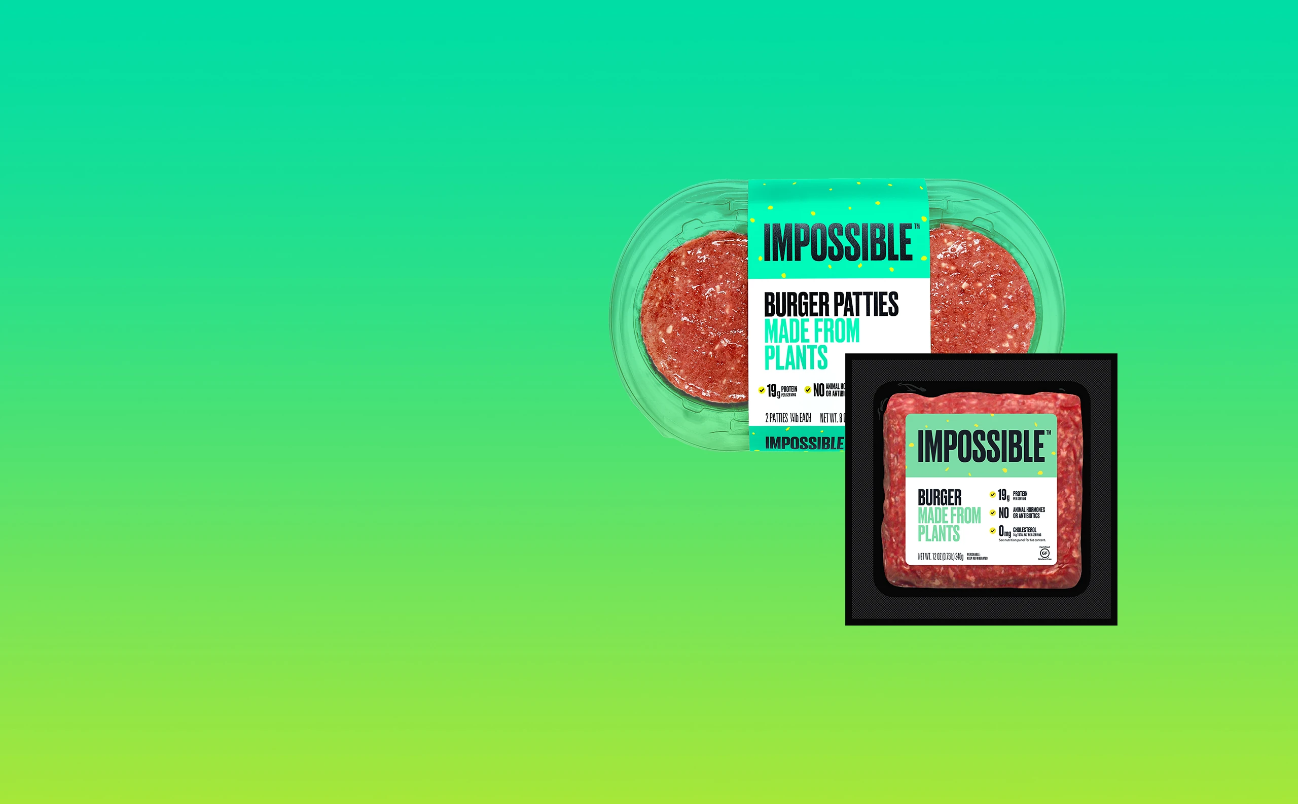 Impossible Burger + Patty SKUs Hero on green background