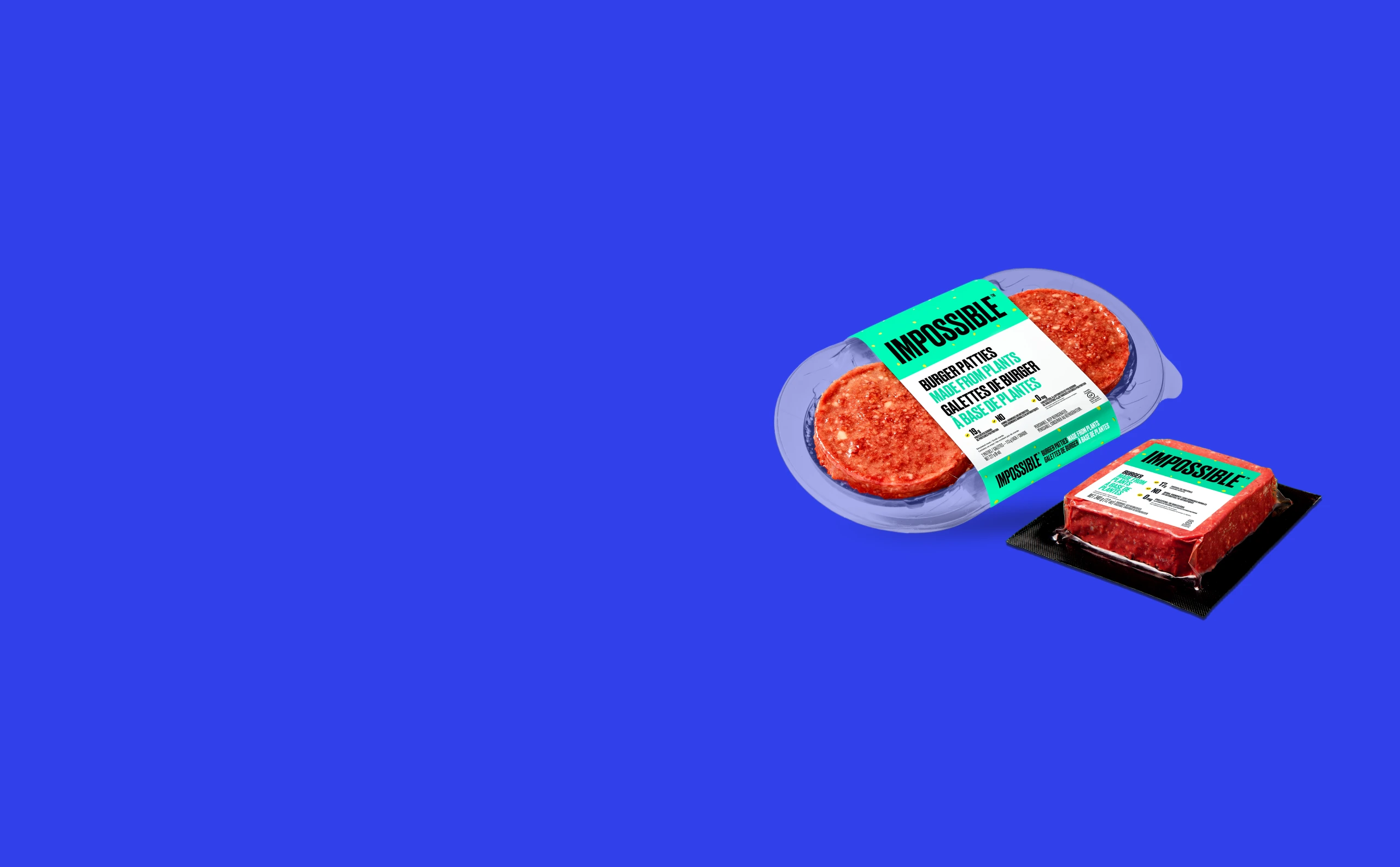 Impossible Burger + Patty SKUs Hero on blue background