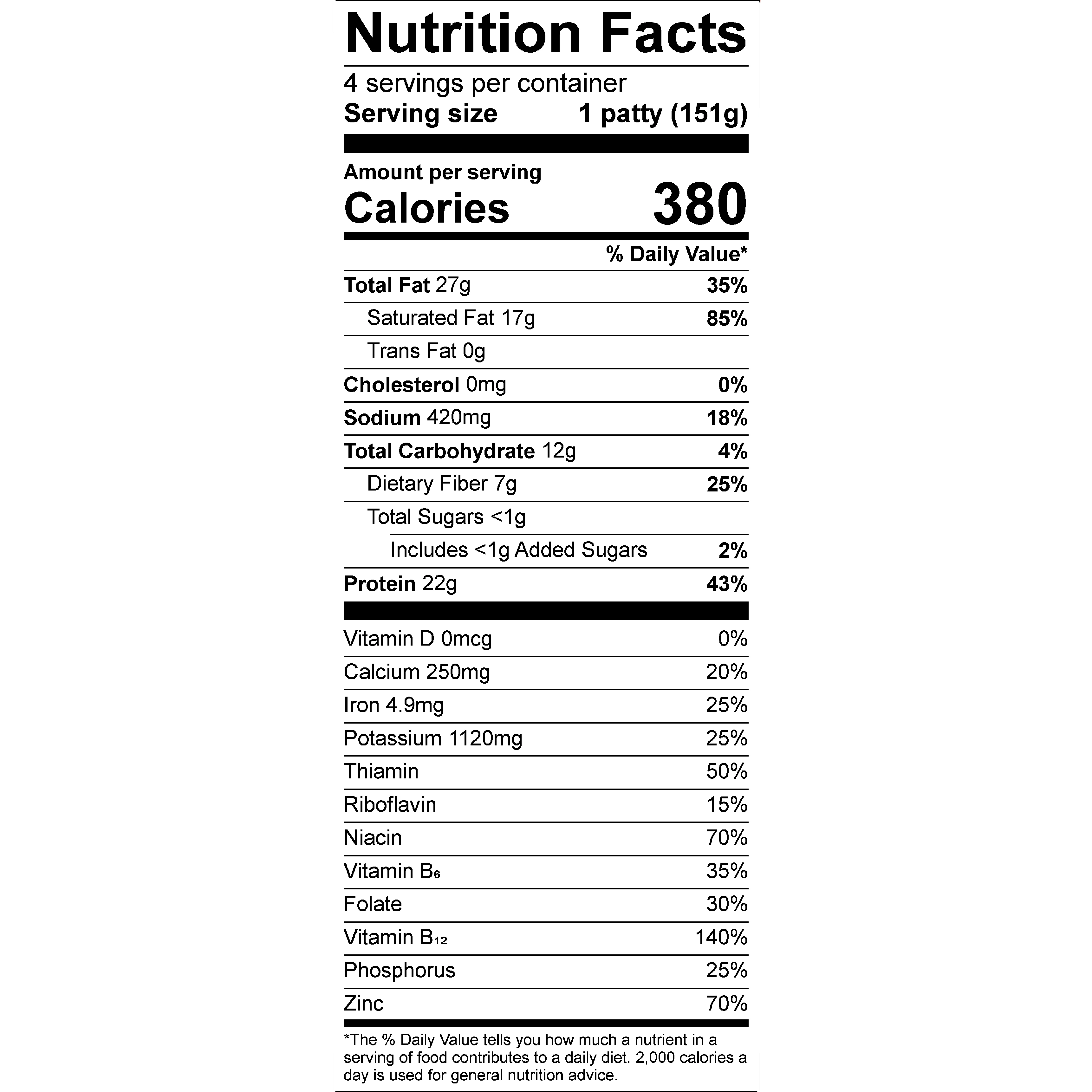 Nutrition facts panel for Impossible Beef Indulgent Patty, Frozen