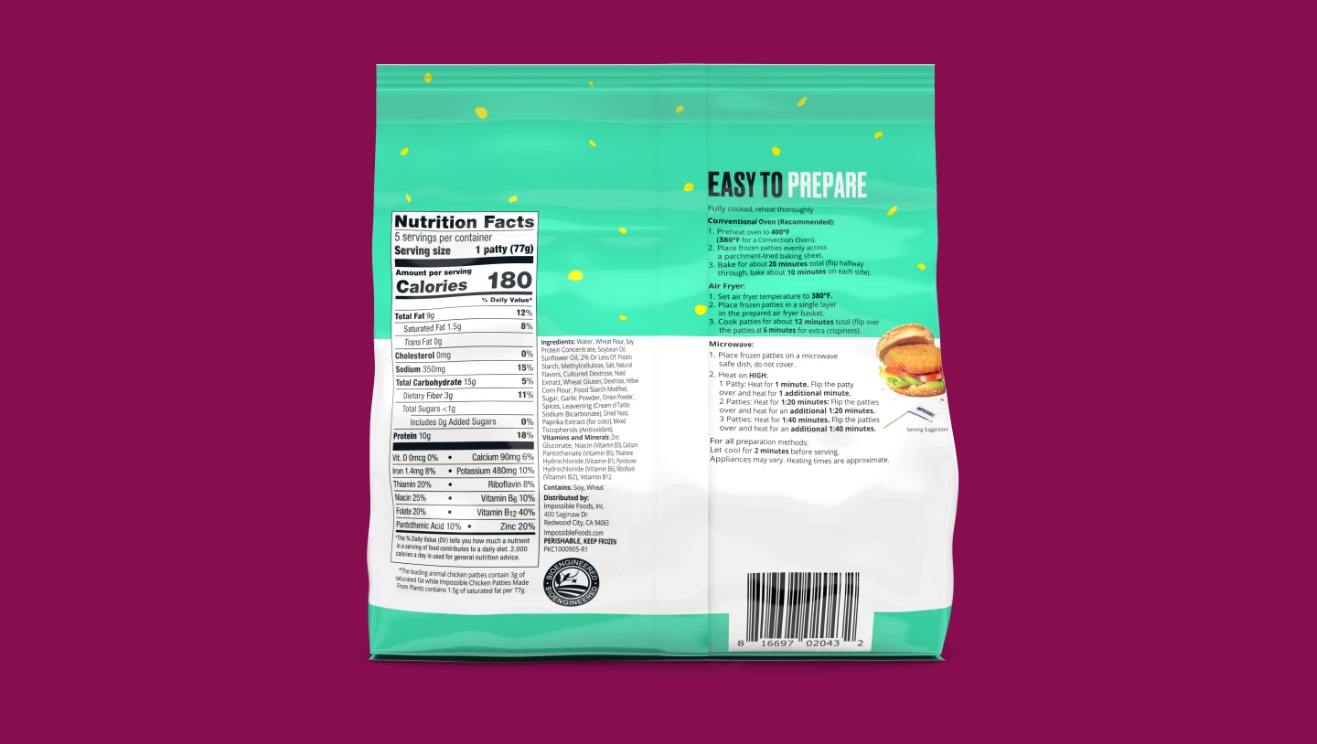 back of chicken patty packaging on burgundy background