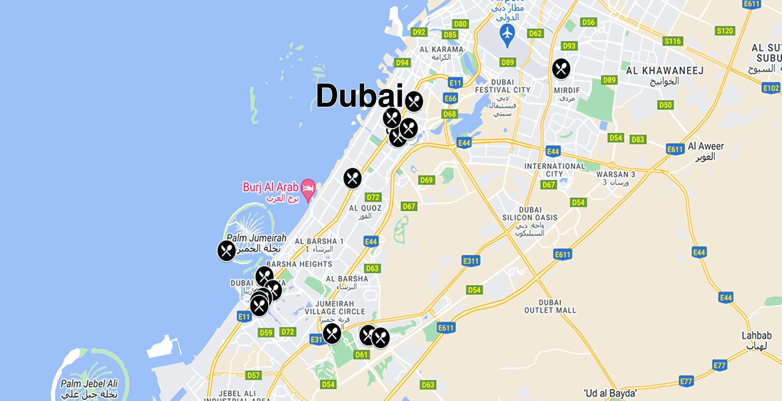 Map of Impossible Foods partner locations in Dubai