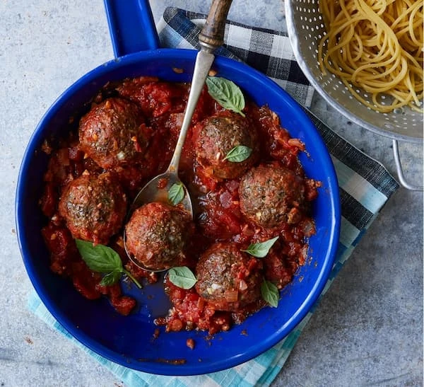 Impossible Italian meatballs in a pot with pasta