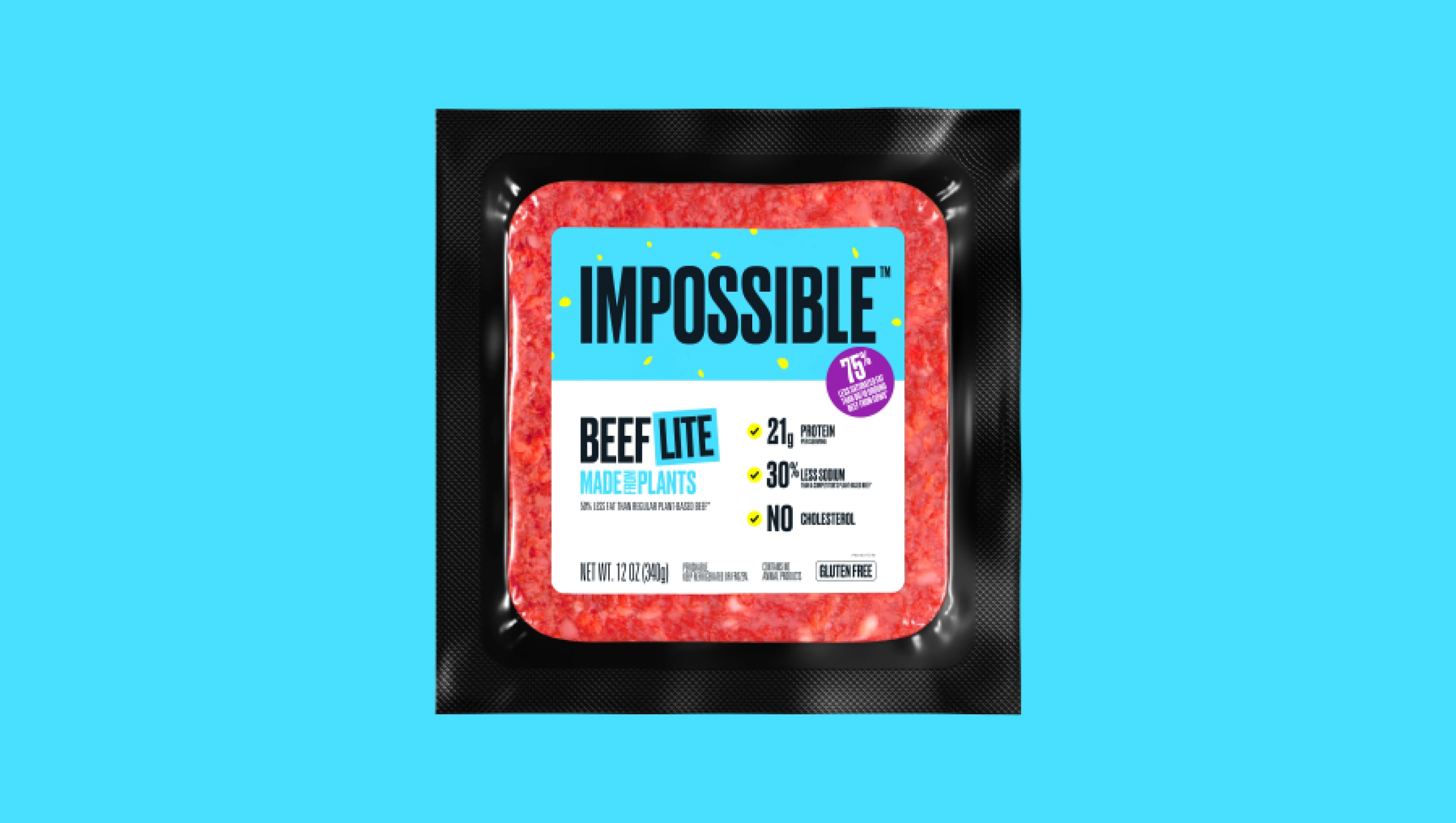 impossible beef lite front of packaging on a blue background