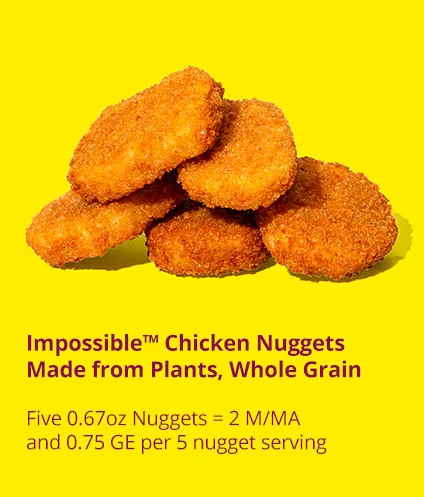 Image of Impossible Chicken nuggets for schools displaying the child nutrition food labels for Meat/Meat Alternate Products (M/MA)