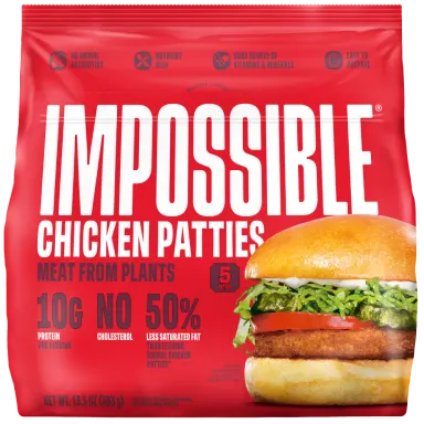 A front-of-pack shot featuring the Impossible Chicken Patties.