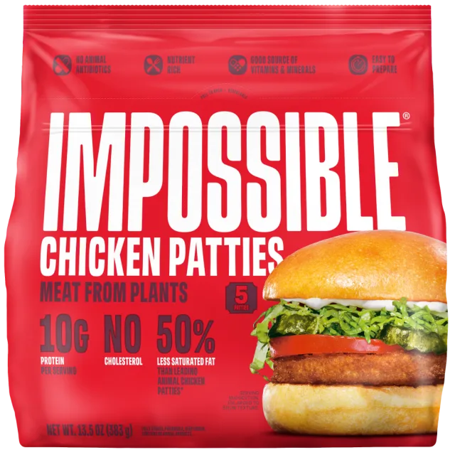 A front-of-pack shot featuring the Impossible Chicken Patties.