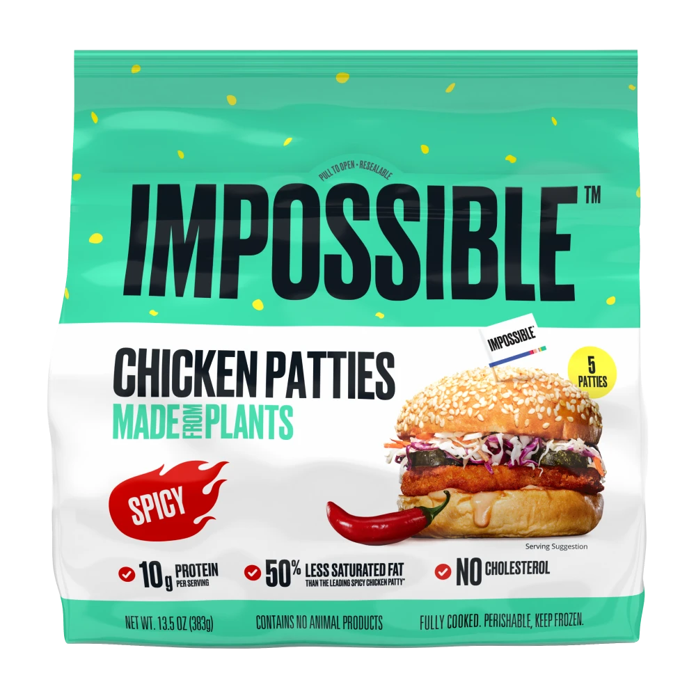 Impossible spicy chicken patties front of packaging