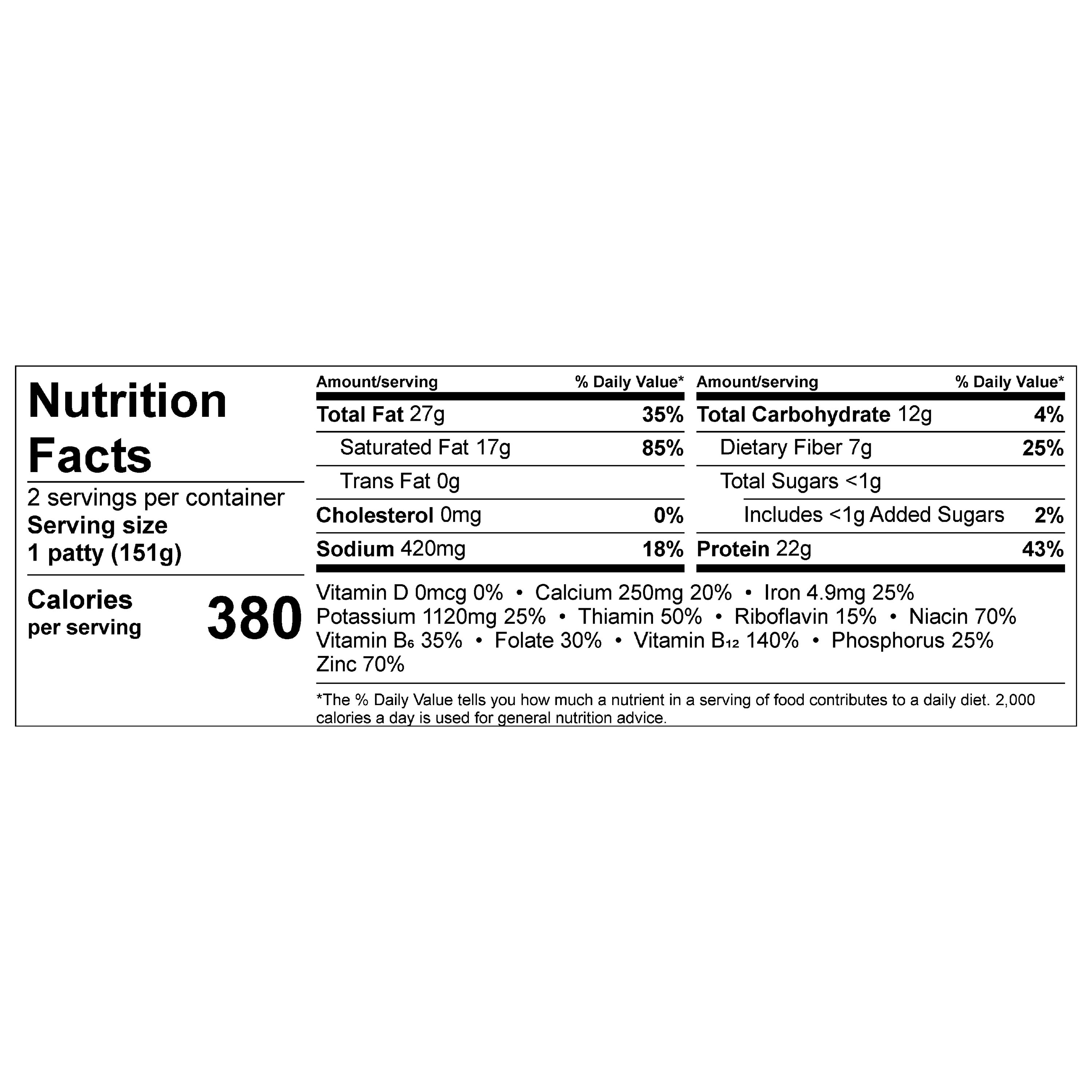 Impossible Indulgent Burger Patties nutrition facts