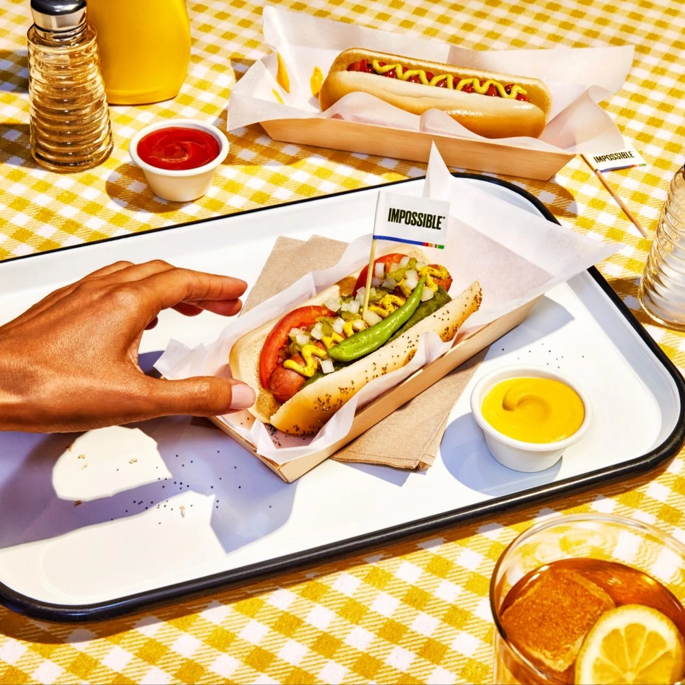 An Impossible Chicago-style hot dog about to be enjoyed. 