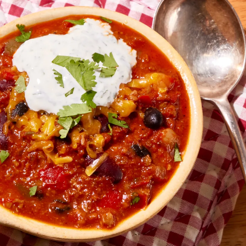 Chili made with Impossible Foods heart-healthy Impossible Beef Lite.