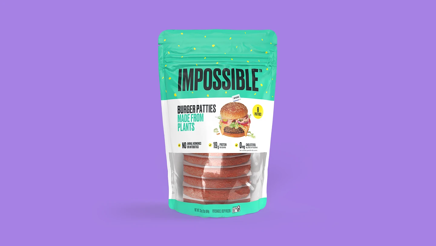 Impossible Burger frozen patties 8 ct available at Costco front angle on purple background