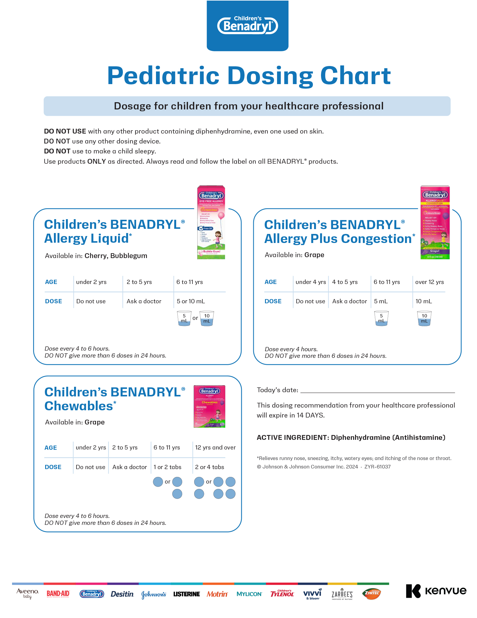 BENADRYL® Pediatric Dosing Chart Image