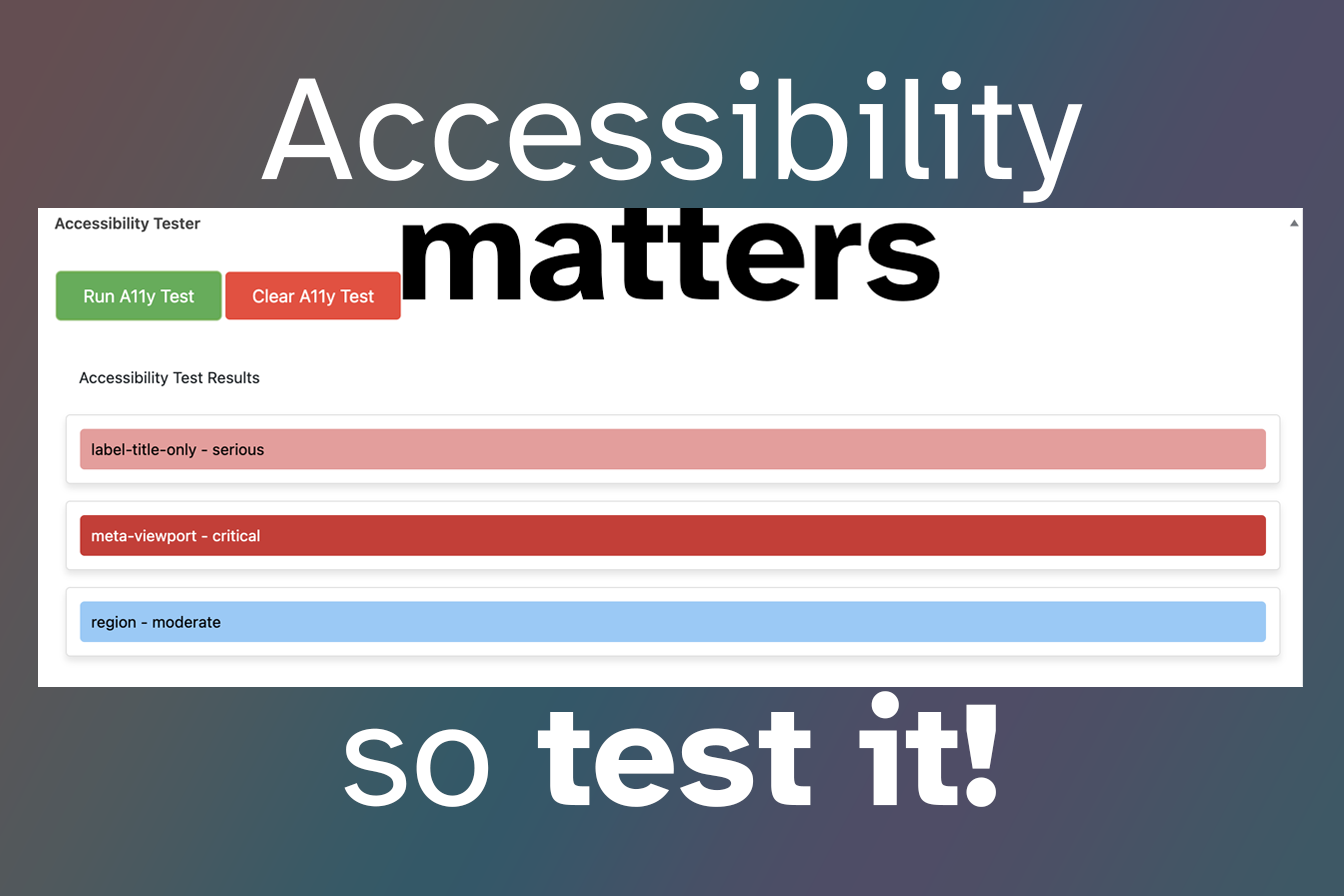 A screenshot of the A11y Tester meta box displaying real-time accessibility test results on a WordPress post editor.