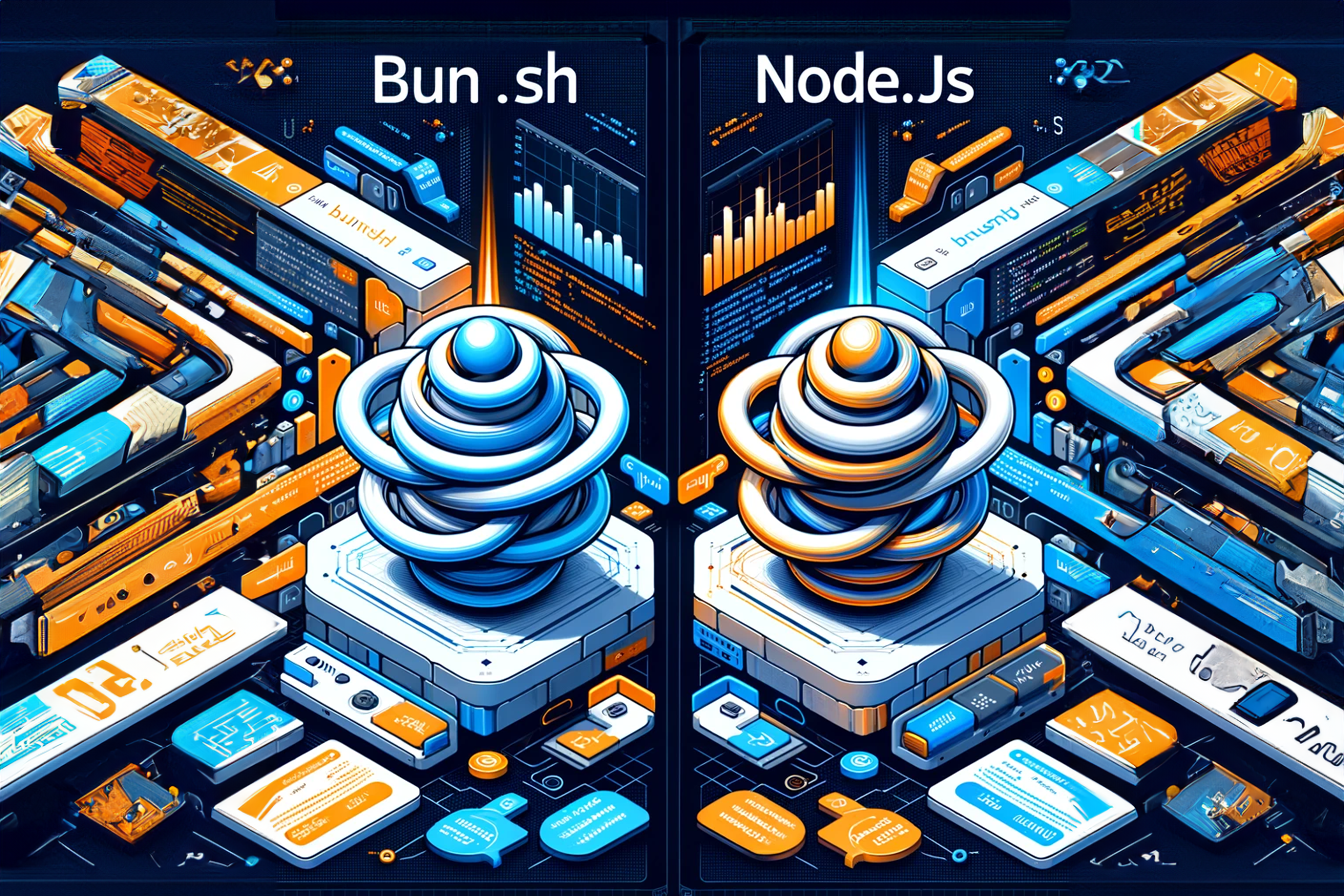 Side-by-side comparison of JavaScript runtimes showcasing bun.sh's speed and efficiency over Node.js in recursive loop processing, with a dynamic backdrop of performance metrics and code, reflecting cutting-edge web development technologies.