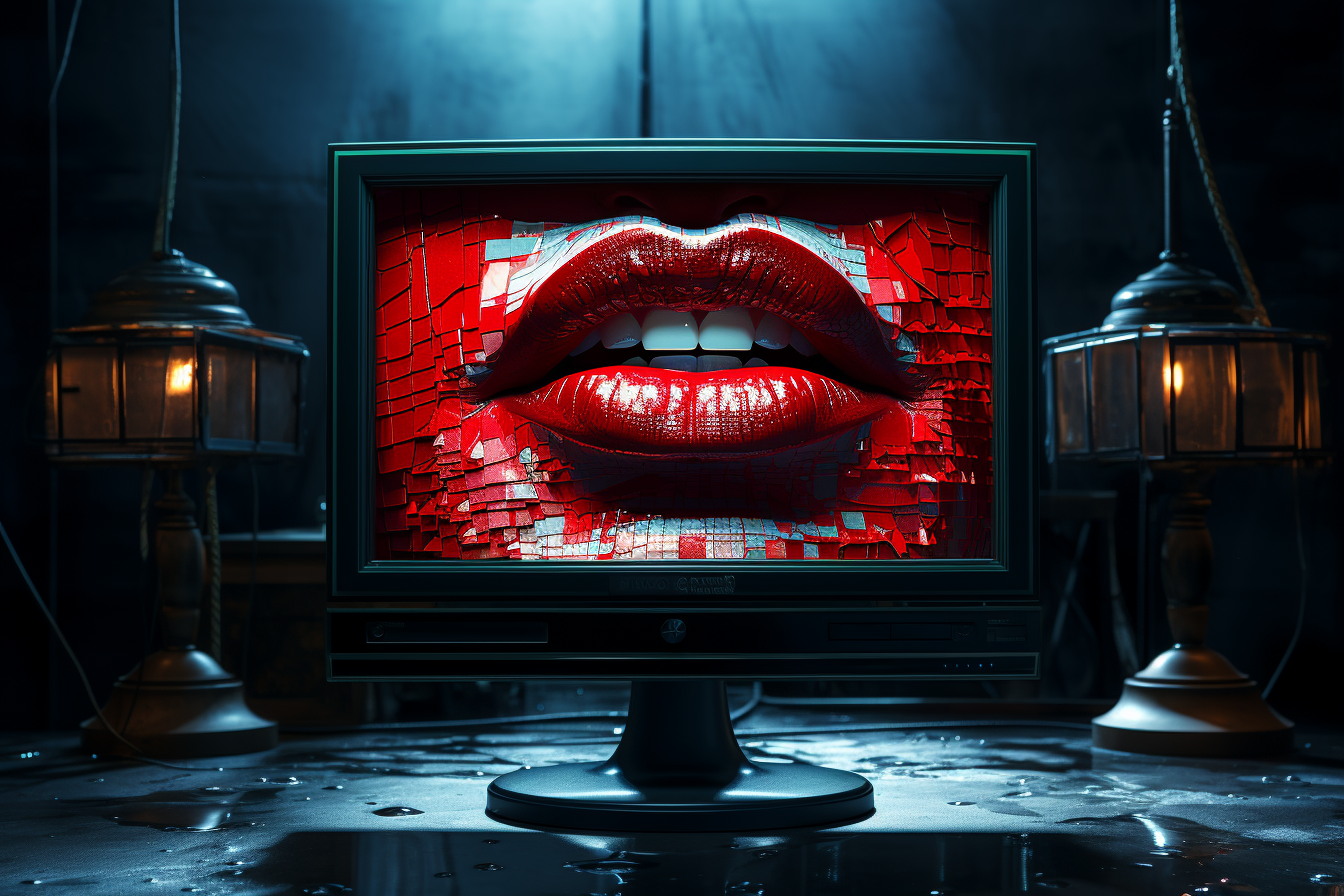 An old CRT monitor graced by an AI-generated image of a woman with red lips and a captivating red-to-white tiled complexion—symbolizing the timeless allure of simplicity in a complex world.