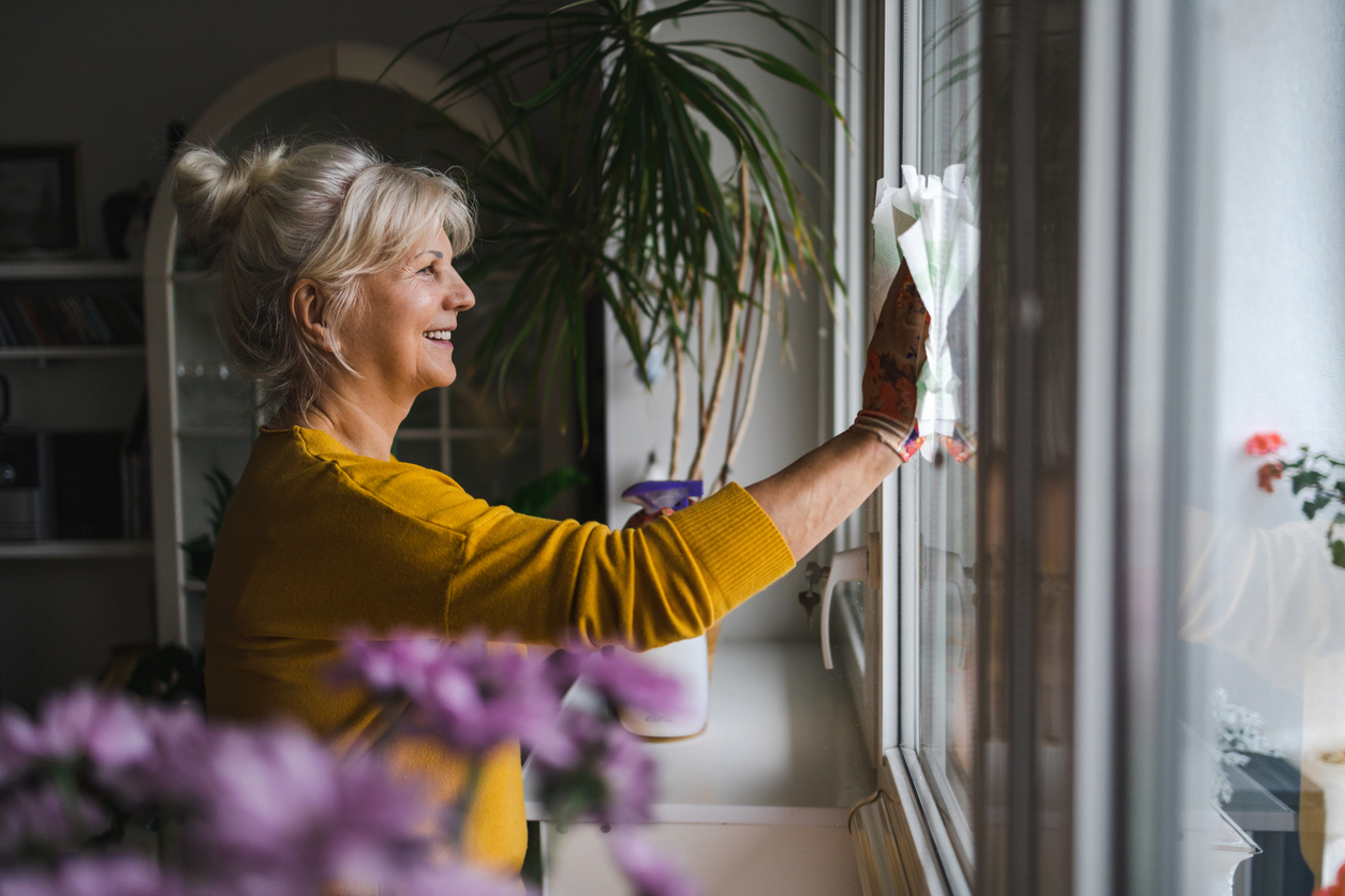 Image of a woman in an interior space, cleaning a window with a rag in her right hand. Her left hand holds a bottle of cleanser. She is smiling and there are flowers in the foreground. The light from the window is illuminating her face.