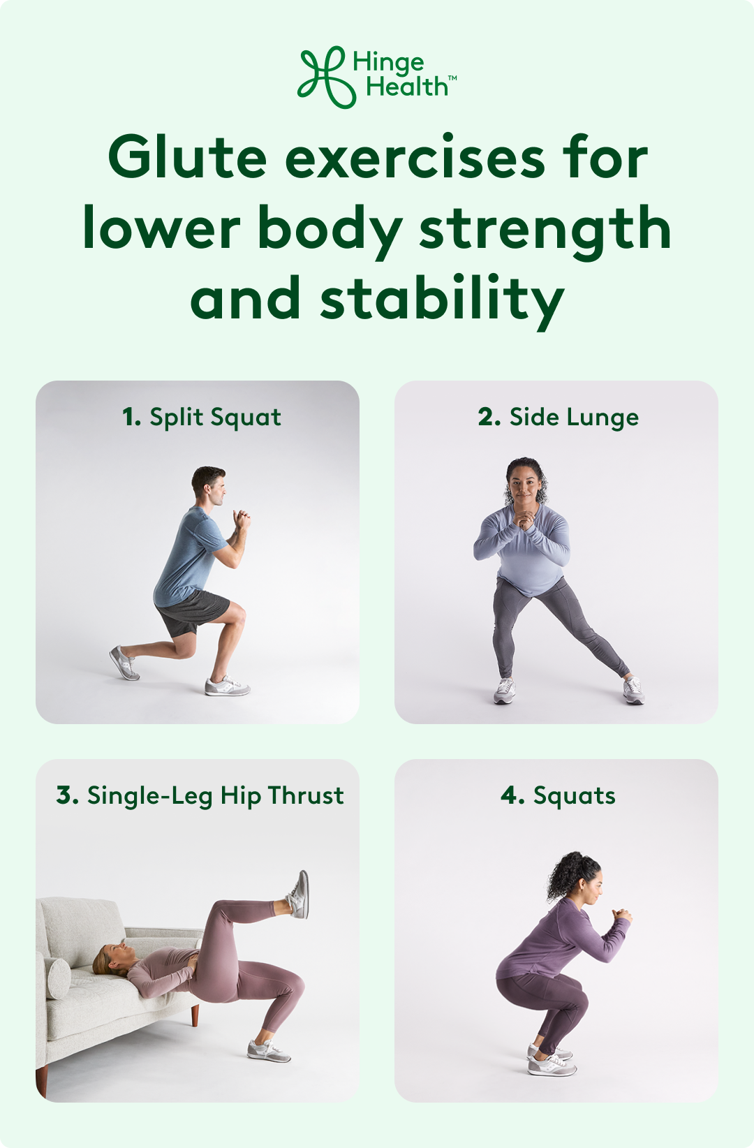 Glute exercises for lower body strength and stability, split squat, side lunge, single-leg hip thrust, squats. 