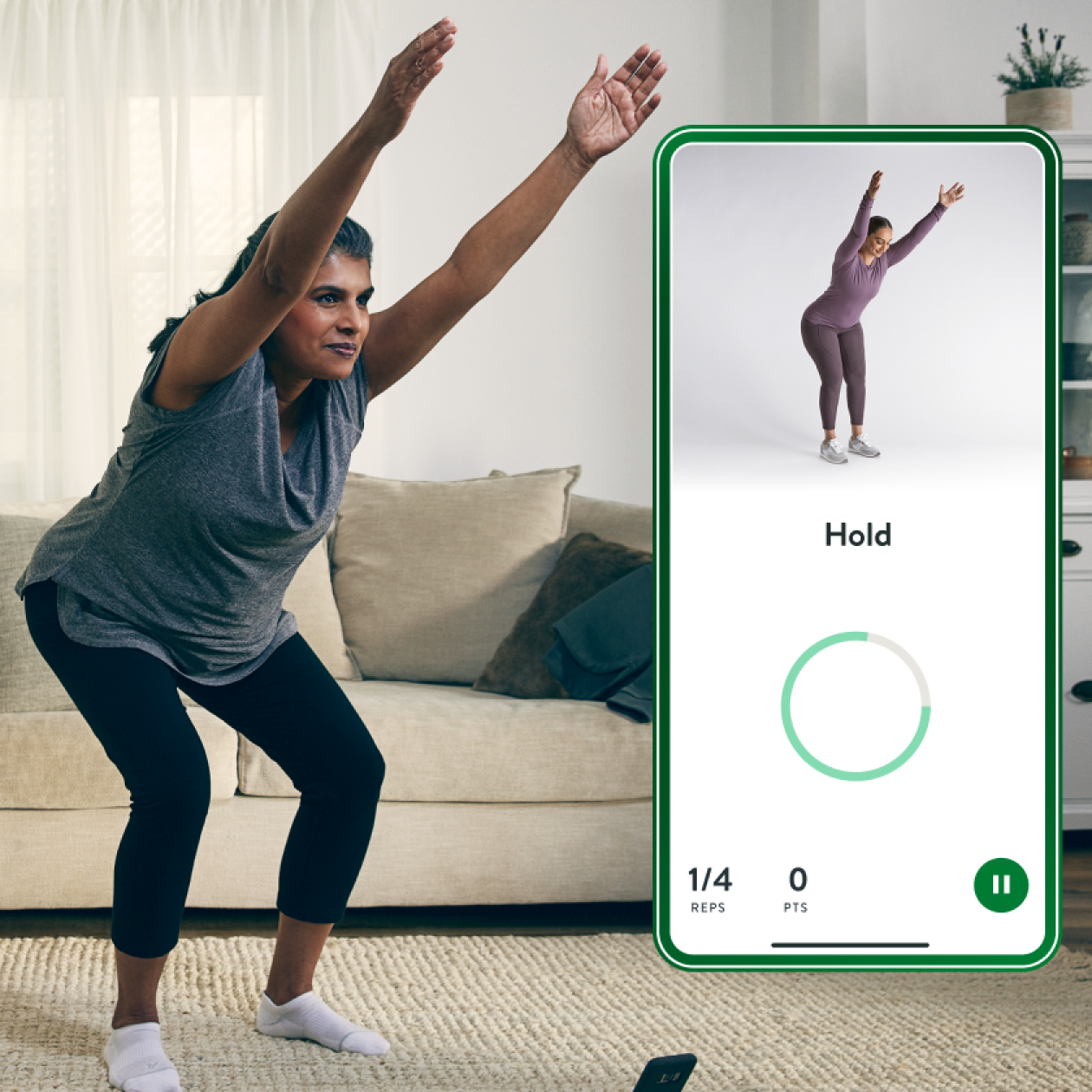 Lady doing exercises with the Hinge Health app showing a chair pose followed by a male doing a leg lift exercise in a chair