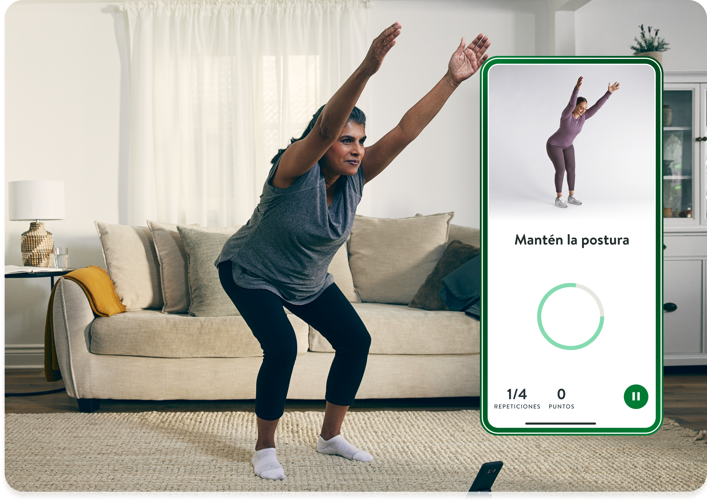 Lady doing exercises with the Hinge Health app showing a chair pose followed by a male doing a leg lift exercise in a chair