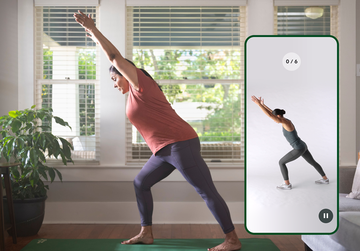Lady doing exercises with the Hinge Health app showing a chair pose followed by a male doing a leg lift exercise in a chair