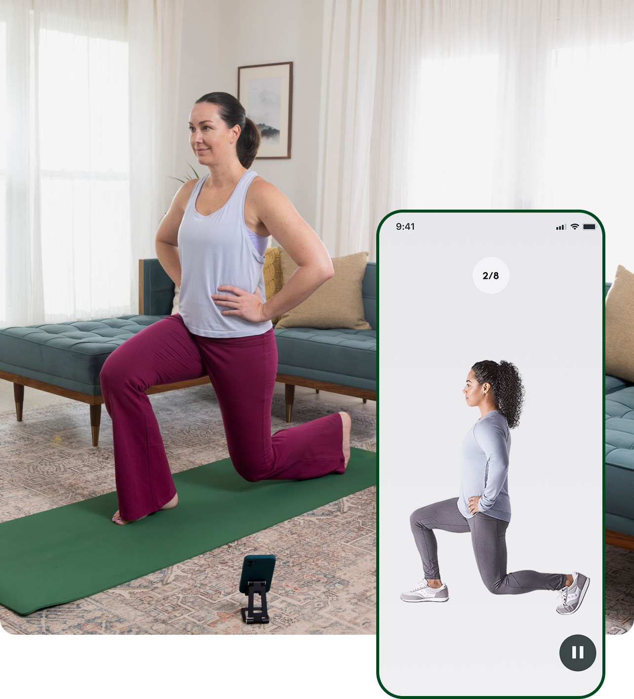 Lady doing exercises with the Hinge Health app showing a chair pose followed by a male doing a leg lift exercise in a chair