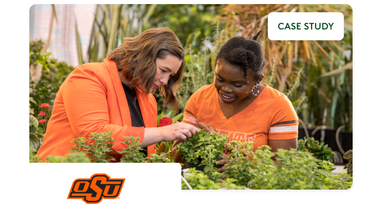 Oklahoma State University professor and student examining a plant