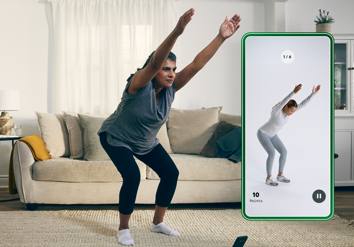 Lady doing exercises with the Hinge Health app showing a chair pose followed by a male doing a leg lift exercise in a chair