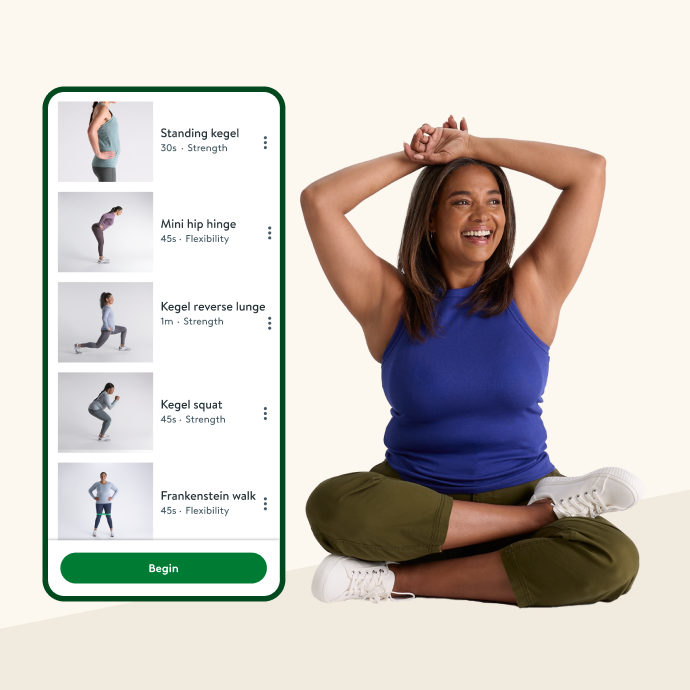 Woman sitting with arms raised above her head stretching, posed next to a mobile phone screen displaying the Hinge Health app