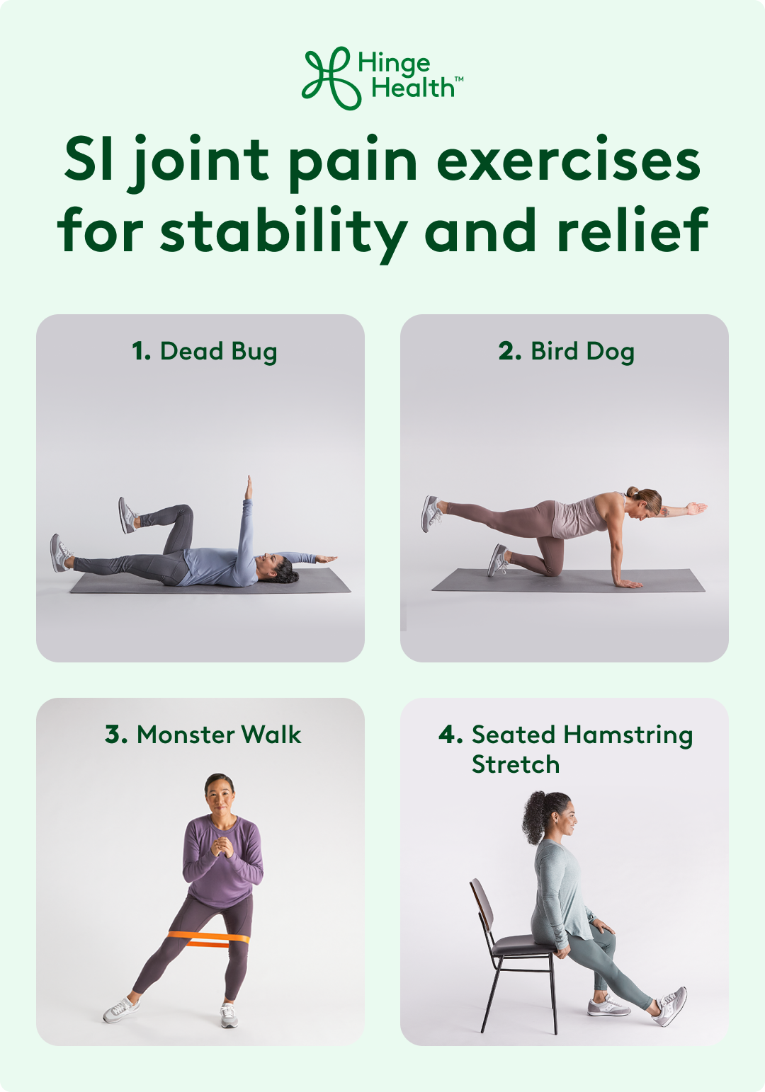 Stretching exercises for SI joint pain including piriformis and hip flexor stretch.