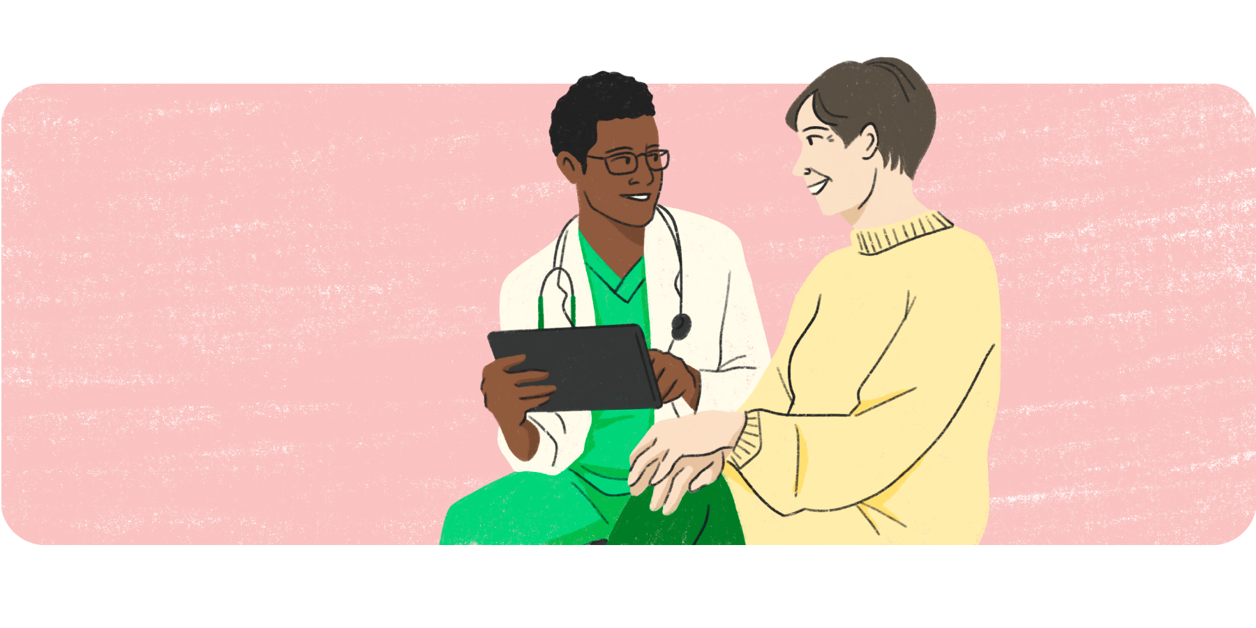 Illustration of a doctor and patient sitting together, looking at a tablet. 