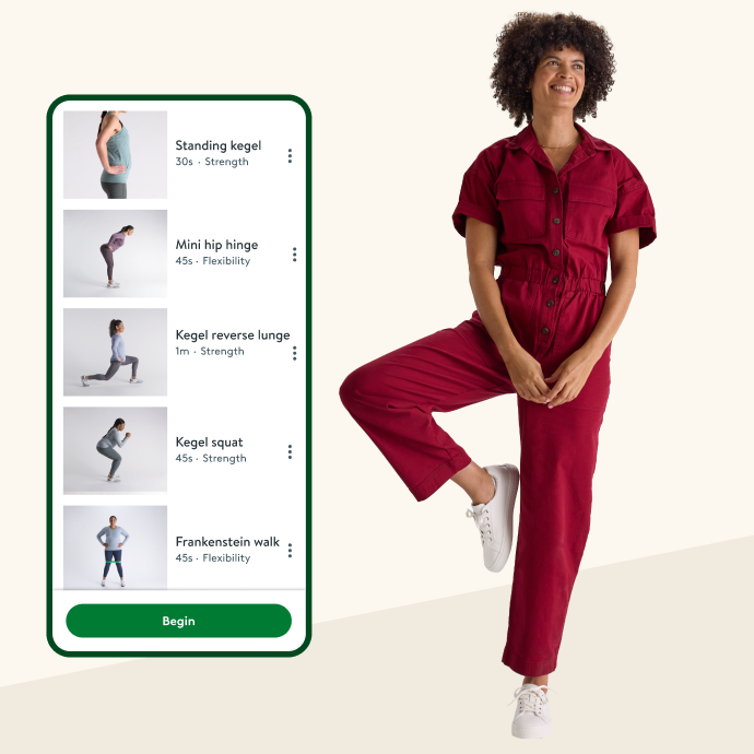 Woman standing with one leg bent at the knee, posed next to a mobile phone screen displaying the Hinge Health app