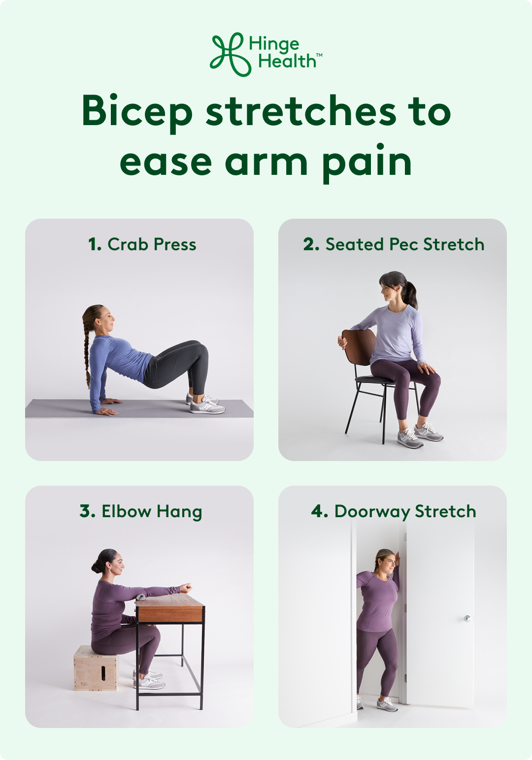 Bicep stretches to ease arm pain, crab press, seated pec stretch, elbow hang, doorway stretch.
