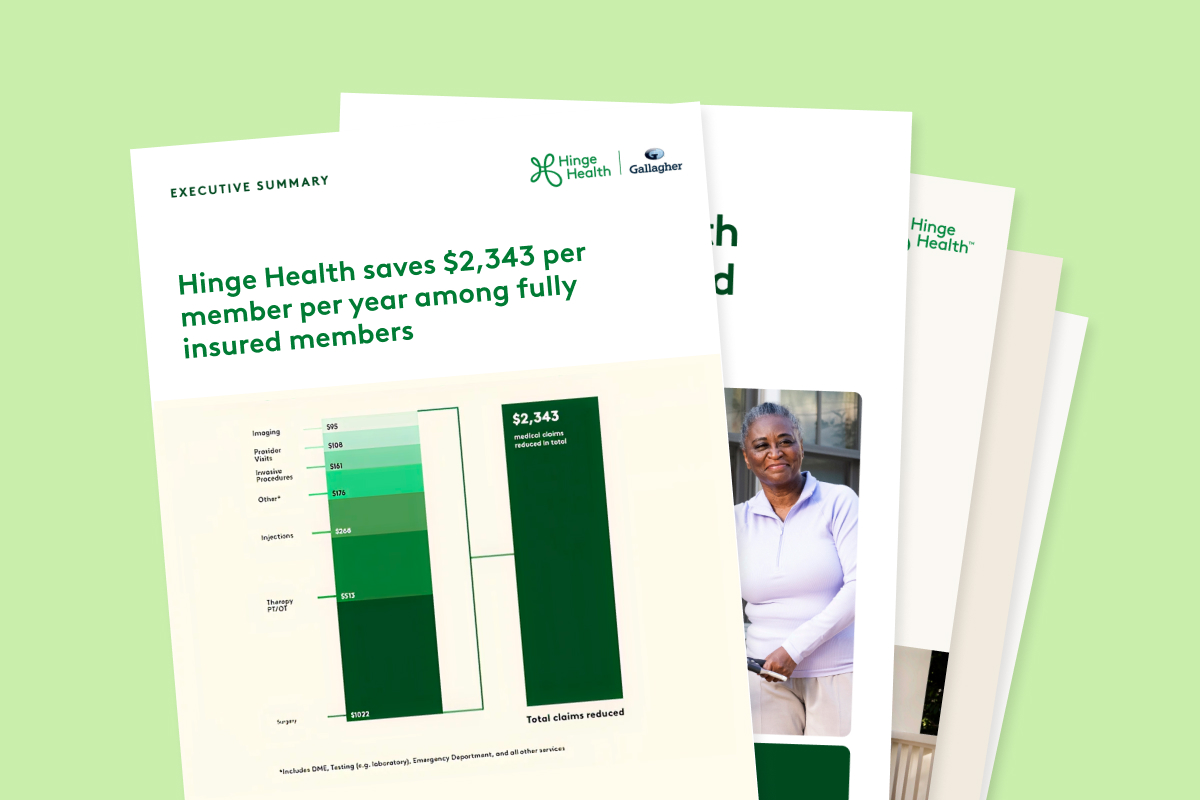 Hinge Health clinical studies show significant claims reduction for self-insured, fully-insured, & Medicare populations.