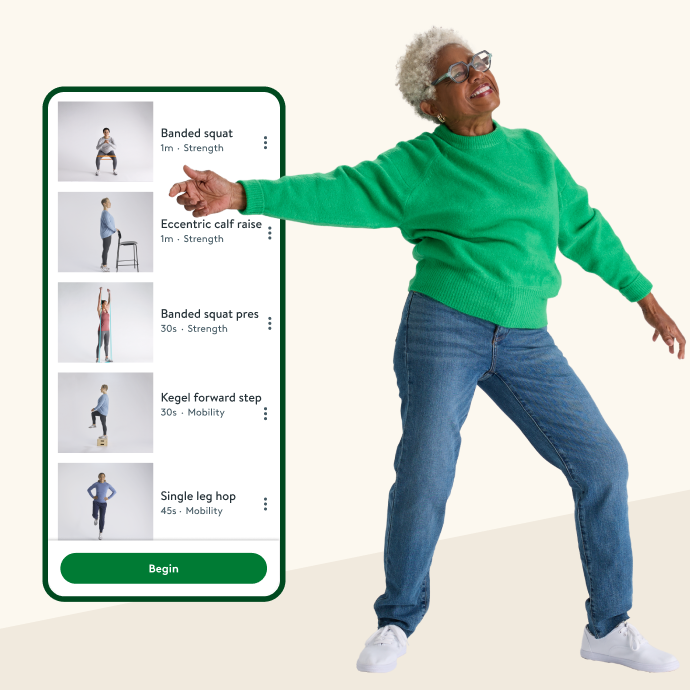 Woman with one arm stretched to the side, posed next to a mobile phone screen displaying the Hinge Health app