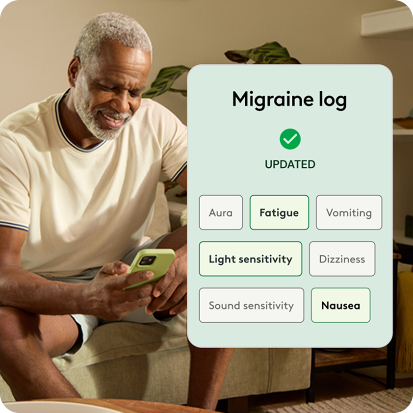 An older man looks at his phone at home. A closeup of the Hinge Health app shows a migraine log with symptom tags.