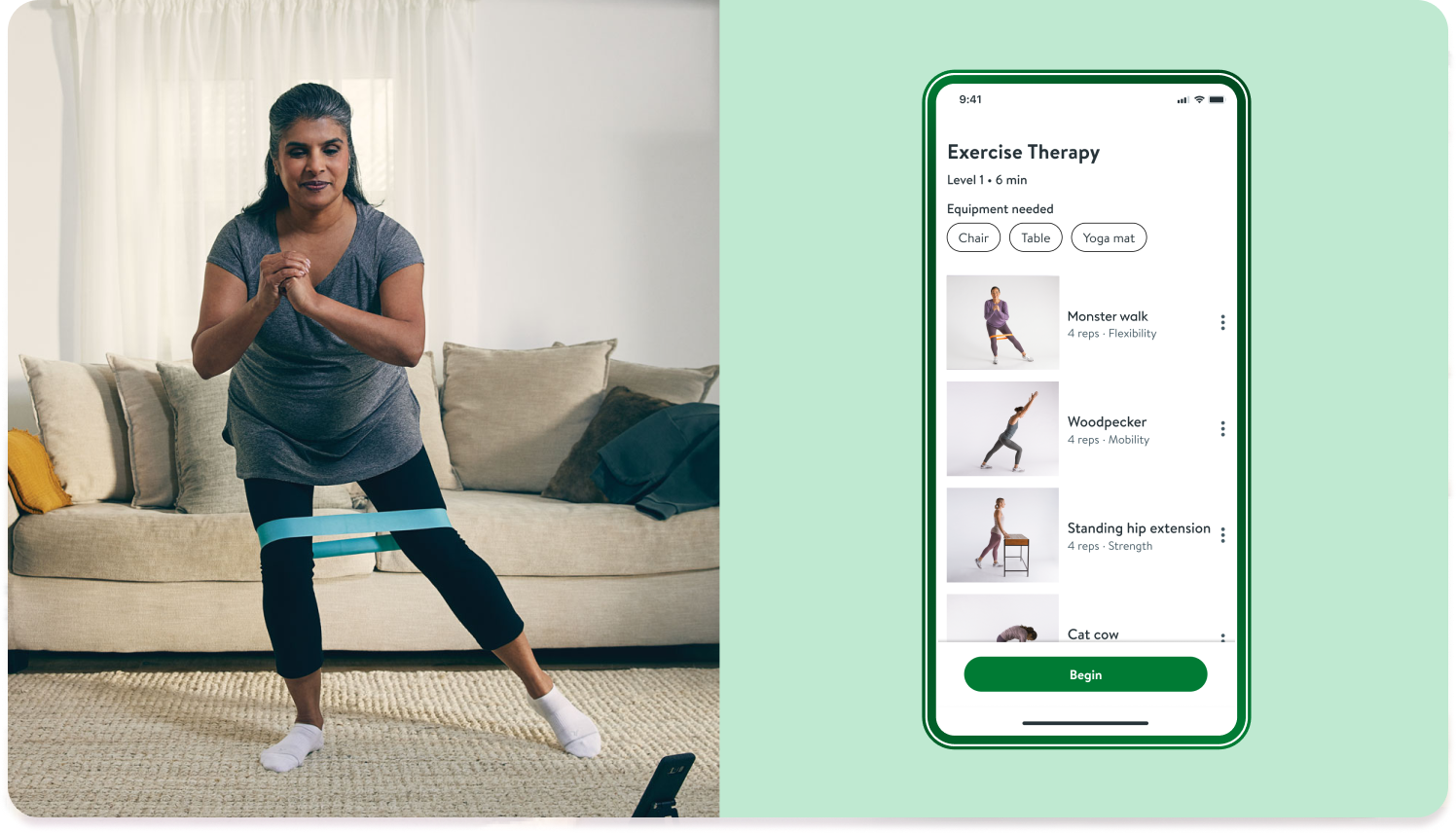 Woman doing at home physical therapy exercise with app