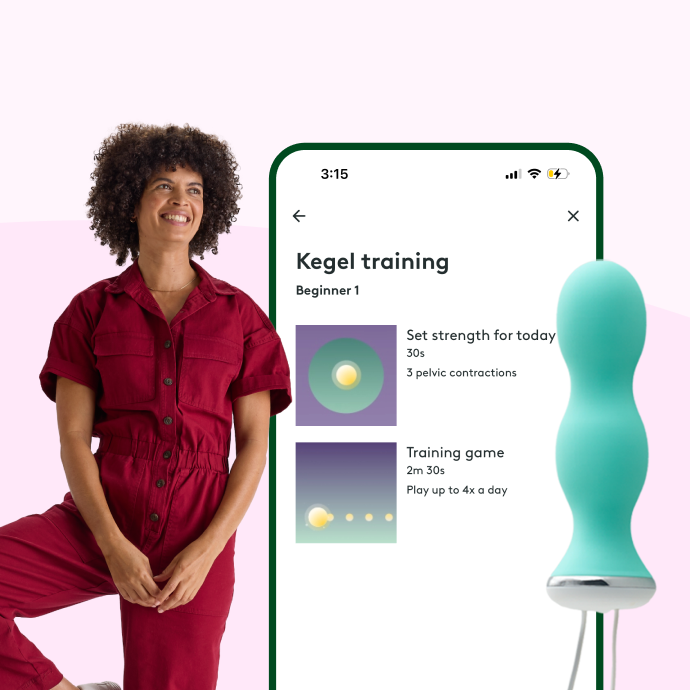 Woman posing next to pelvic trainer and corresponding phone app.