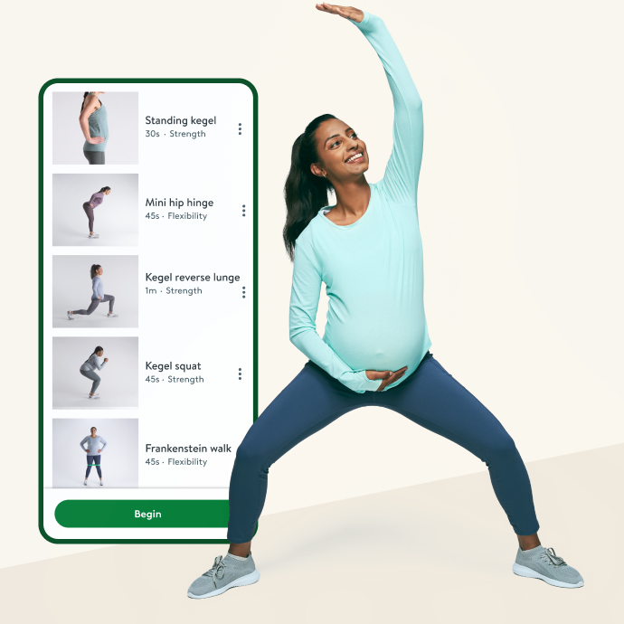 Pregnant woman stretching, posed next to a mobile phone screen displaying the Hinge Health app