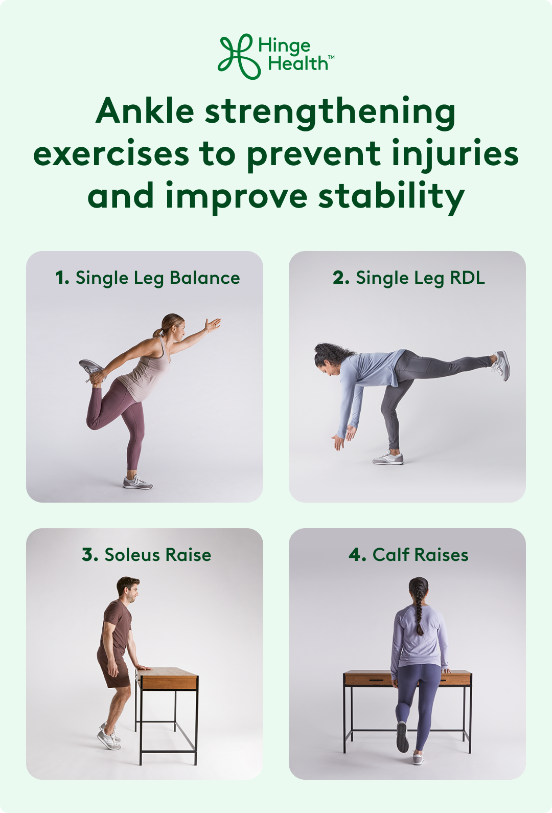 Ankle strengthening exercises to prevent injuries and improve stability, side leg balance, single leg rdl, soleus raise, calf raises.