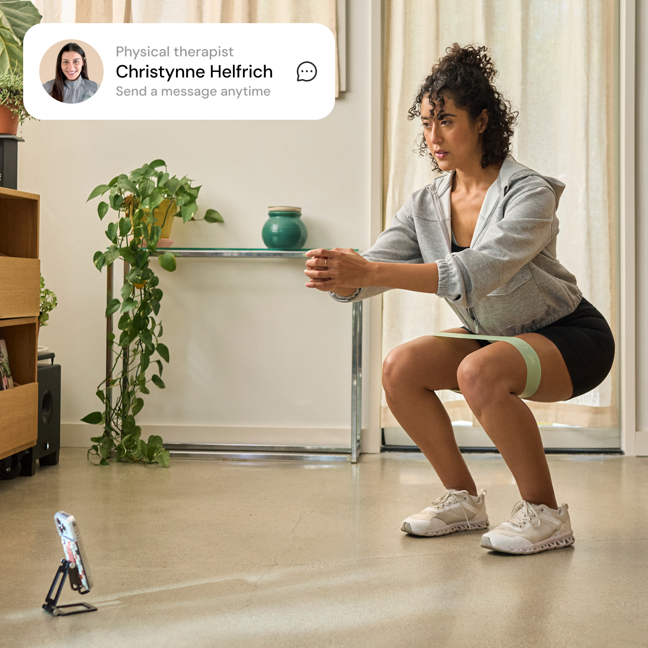 Woman exercising, can message PT
