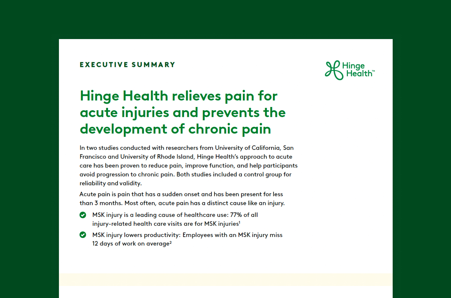 Acute Pain Reduction Clinical Studies