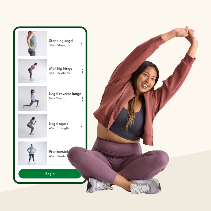 Woman sitting with arms raised above her head stretching, posed next to a mobile phone screen displaying the Hinge Health app