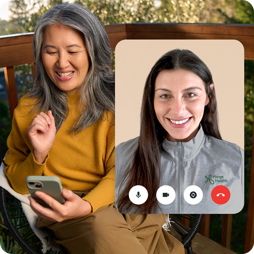 A woman sits outdoors and video chats with a care provider on her phone. A closeup shows the video call interface in the Hinge Health app.